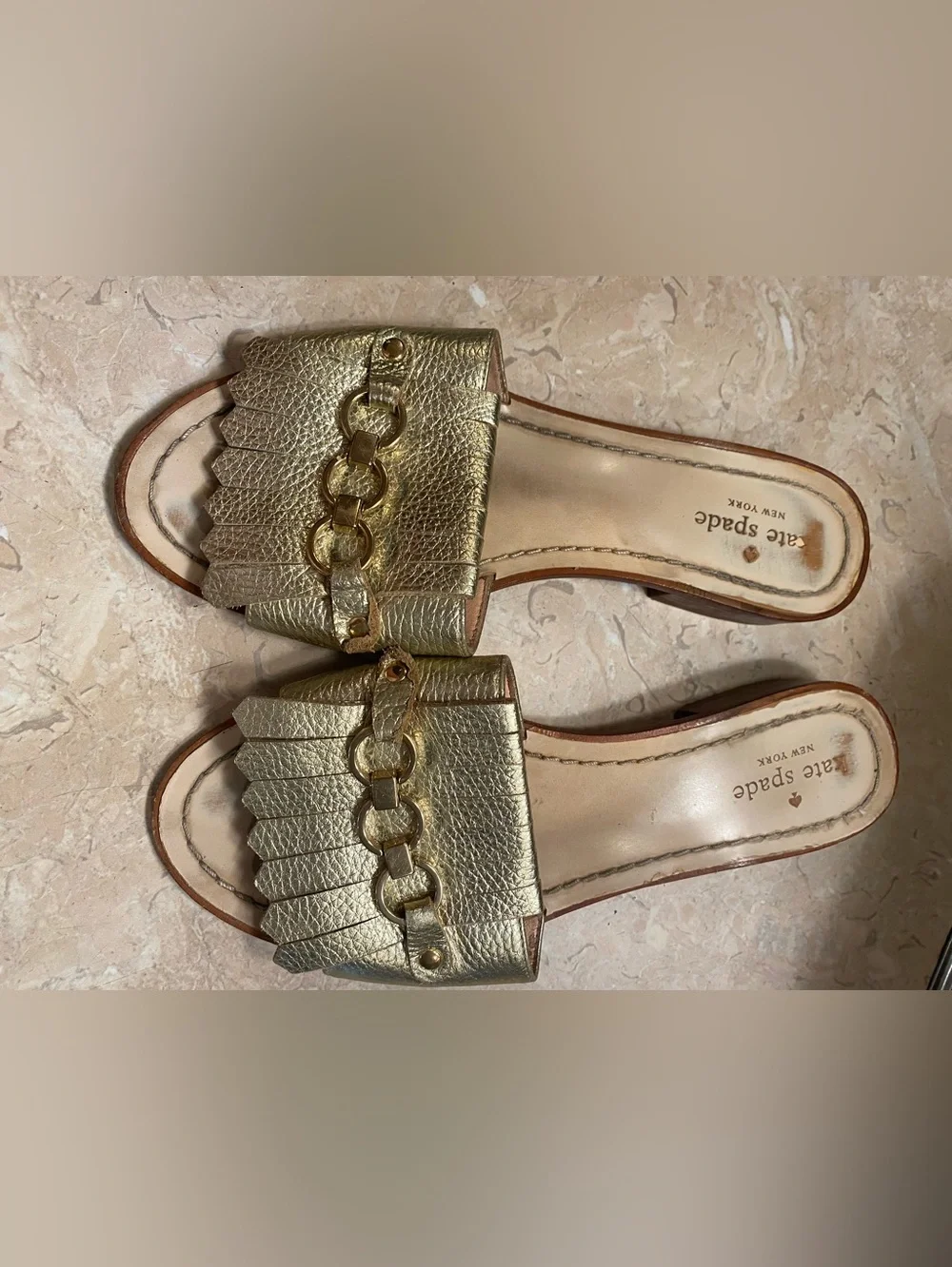 kate spade Gold Metallic Fringe Slide Mules